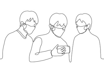 three guys stand and look at the phone that the guy is holding in the middle. one line drawing three friends are passionate about a smartphone, they are watching and listening