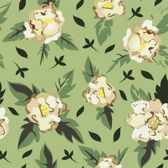 White peony in blossom green seamless pattern