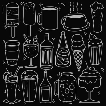 Hand drawn of beverages in doodle style isolated on black background, Vector hand drawn set beverages theme. Vector illustration