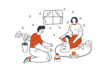 Family, fatherhood, motherhood concept. Happy fathers mothers day and childhood illustartion. Cheerful couple parents characters man woman playing with son kid boy child baby newborn on floor at home.