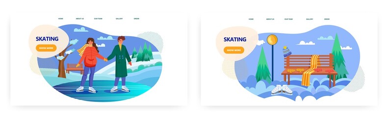Romantic cople ice skating on a lake. Winter holiday sport activity vector concept illustration. Outdoor ice rink. Ice skating park with bench. Web site design template
