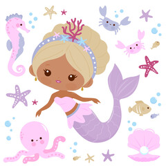 Beautiful mermaid and sea animals. Vector illustration