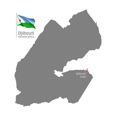 Fototapeta premium Silhouette of Djibouti country map. Gray detailed editable map with waving national flag and Djibouti city capital, Eastern Africa country territory borders vector illustration on white background