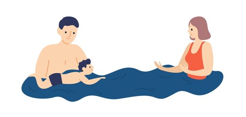 Parents teaching child to swim. Family on vacation. Mother and father spend time with kid in swimming pool. Scene of parenting and active lifestyle. Vector illustration in flat cartoon style