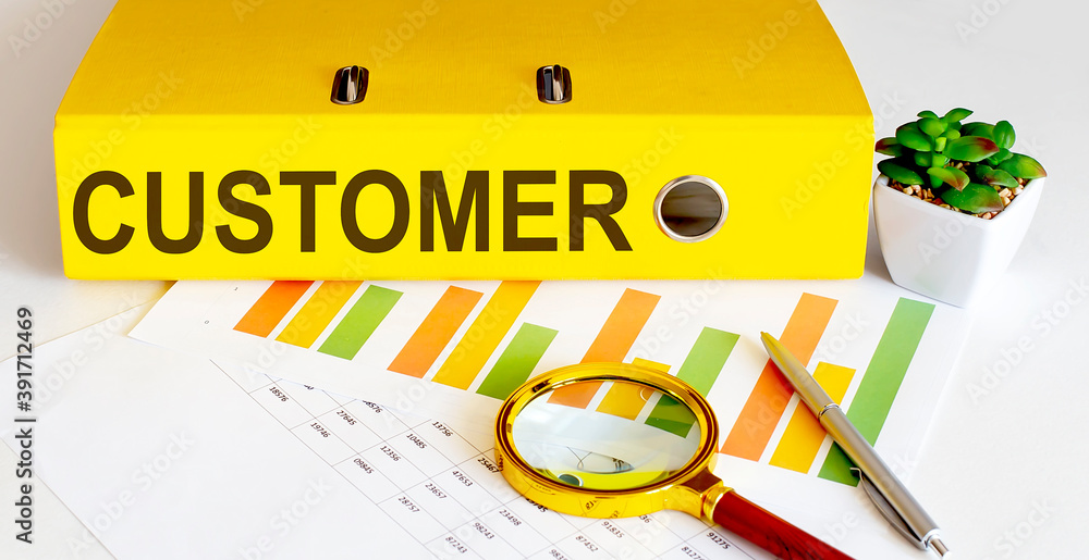 Poster office folder with text customer with charts, magnifier and pen
