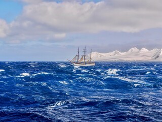 A three-masted schooner sailing in rough seas in Antarctica, traveling in a southerly direction past the snow-covered South Shetland Islands.