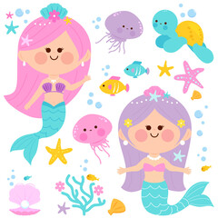 Beautiful mermaids and sea animals. Vector illustration