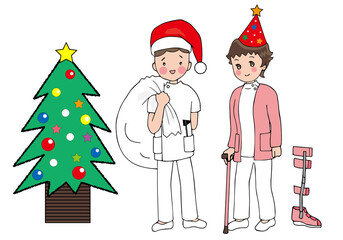 クリスマスツリーと医療職の男女