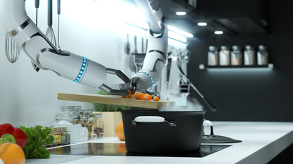 Robot hand prepares soup in a modern kitchen. Dumping the mark into boiling water.