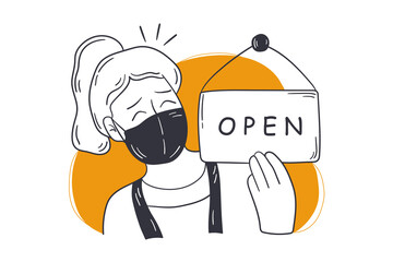 Reopening, shop, small business concept. Young happy woman store owner in medical face mask opening salon cafe after pandemic lockdown quarantine. We are working again after coronavirus illustration.