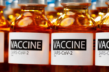 Pile of vials of Sars-cov-2 vaccine close up
