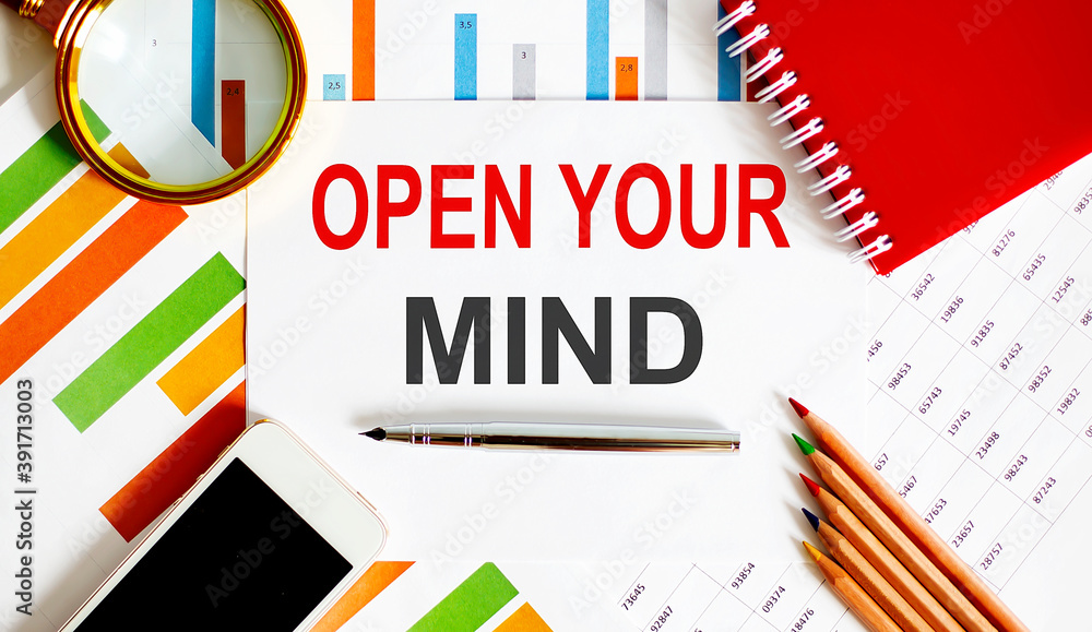 Poster blank note pad with open your mind text on chart background