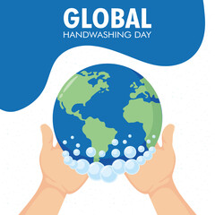 global handwashing day campaign with hands lifting earth planet