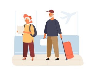 Cute elderly couple of tourists in the airport. Old man holding suitcase and woman reading map. Family going on vacation together. Flat vector cartoon illustration isolated on white background