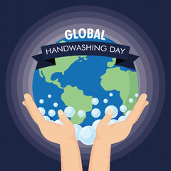 global handwashing day campaign with hands lifting earth and ribbon frame