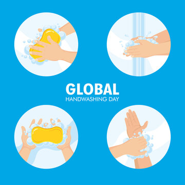lettering with bundle of four global handwashing day set icons