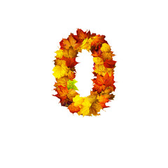 Colorful autumn leaves isolated on white background as number zero.
