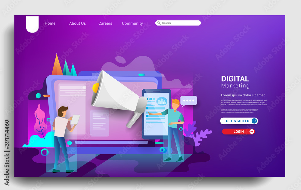 Wall mural social media marketing landing page template, business strategy, analytics and brainstorming. modern