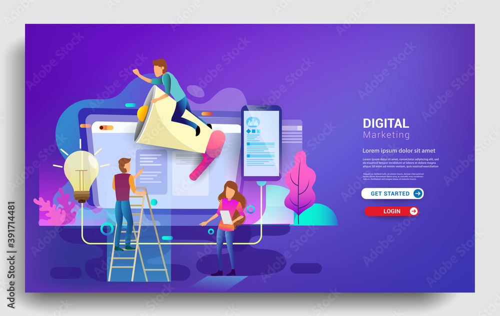 Wall mural digital marketing landing page template. modern flat design concept of web page design for website a