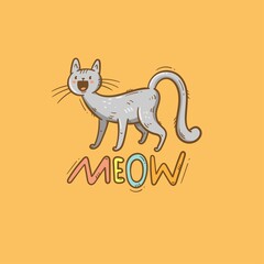 Card with  cute cartoon meow cat.  Funny doodle kitten. Vector contour colorful image. Playful animal print.