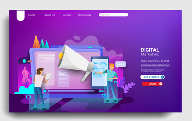 Social media marketing landing page template, business strategy, analytics and brainstorming. Modern flat design concepts for website design ui/ux and mobile website development. Vector illustration. - obrazy, fototapety, plakaty