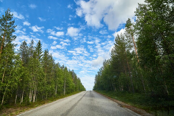 Beautiful landscape with blue sky, white clouds and the road that goes to the horizon with the forest and trees on the roadsides
