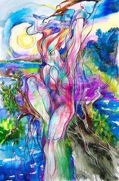 Illustration with watercolors and colored pencils.A mermaid, a mystical creature on a tree.Halloween.Graphic bitmap image. Abstraction. For interior design and text.