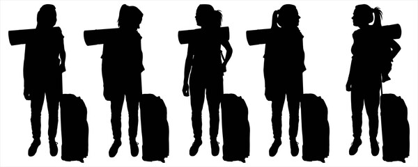 Passengers with luggage on wheels. Tourists with equipment. Girls with luggage stand in same row. Women stand in queue and socialize. Five black female silhouettes are isolated on a white background.