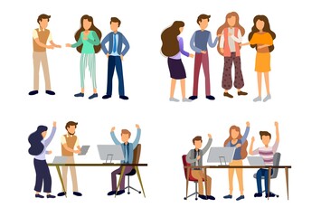 Sets of scenes at office. teamwork in process of creating something, discussing idea with team, celebration of success work, working with laptop in business meeting. illustration in flat cartoon style