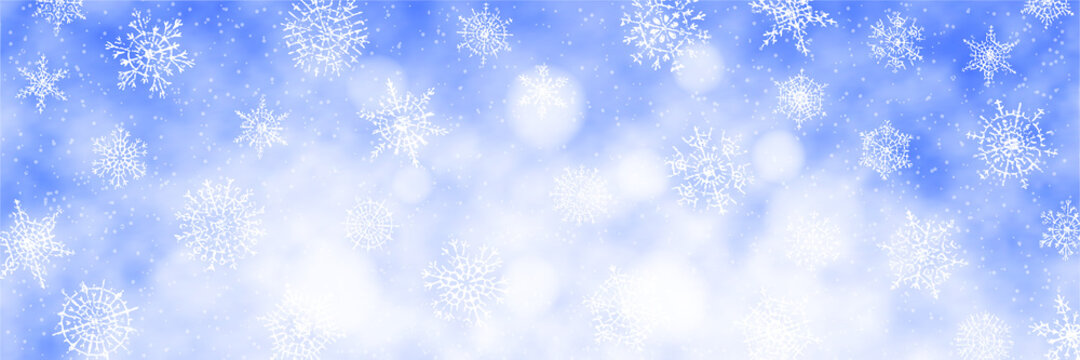 Winter vector background, light banner. Falling snow, snowflakes, bokeh effect.	
