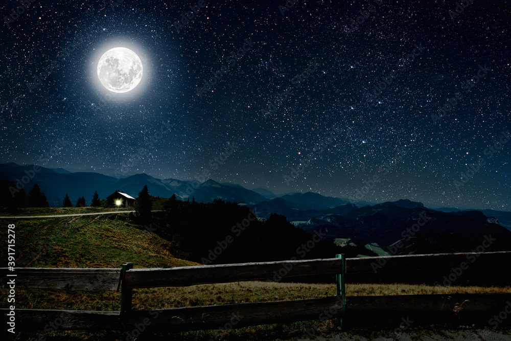 Wall mural mountain. backgrounds night sky with stars and moon and clouds.