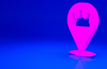 Pink Location king crown icon isolated on blue background. Minimalism concept. 3d illustration 3D render.