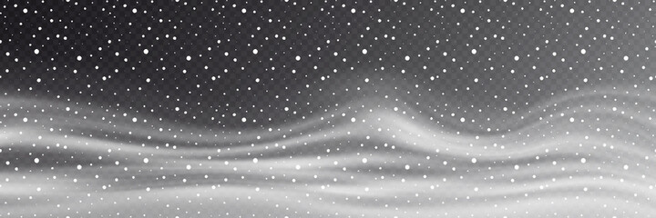 Snowfall and blizzard on transparent background, panoramic image, vector background, EPS10