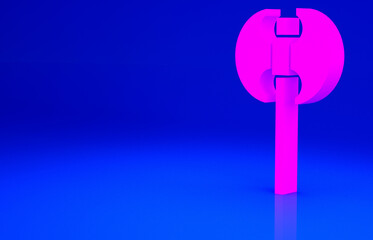 Pink Medieval axe icon isolated on blue background. Battle axe, executioner axe. Medieval weapon. Minimalism concept. 3d illustration 3D render.