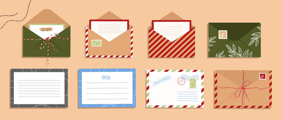 Envelope and letter set. Isolated open envelope with stamp in flat style. Multicolored post cards.