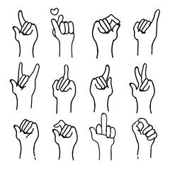 sets of Sign Language Theme Doodle Collection In White Isolated Background, vector illustration