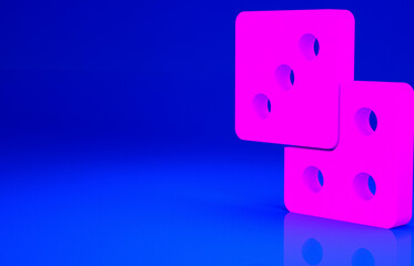 Pink Game dice icon isolated on blue background. Casino gambling. Minimalism concept. 3d illustration 3D render.