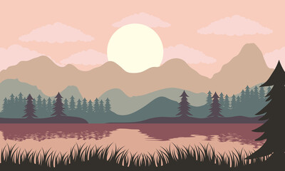 beautiful landscape sunset scene with lake and pines trees