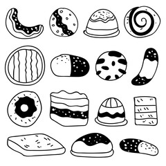 Set of drawings on the theme cakes. Cakes, pies, bread, biscuits and other confectionery products. vector illustration