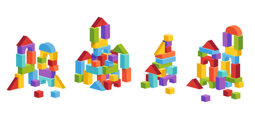 Set of castles and towers from cubes for children of different shapes. The concept of the appearance of the constructor for the development of the child