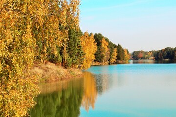 Lake surrounded by golden autumn trees