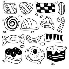 Set of drawings on the theme cakes. Cakes, pies, bread, biscuits and other confectionery products. vector illustration