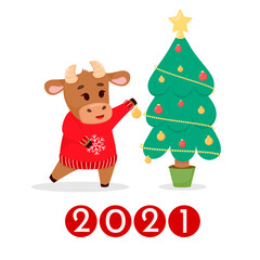 Symbol of the year, bull, decorates the Christmas tree. postcard. Vector illustration