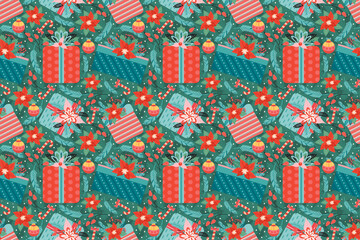 Merry Christmas and Happy New Year seamless pattern with Christmas toys, poinsettia, candy cane and gifts. Ornate holiday elements on the background of fir branches. Vector illustration in retro style