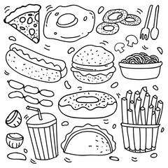 Set of hand drawn food isolated on white background, doodle set of fast food. Vector illustration