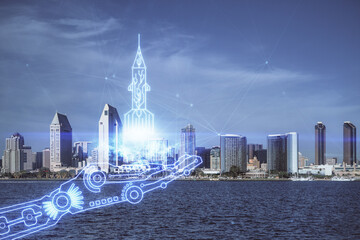 Naklejka premium Double exposure of start up theme drawings over cityscape background. Concept of success.