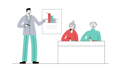 Senior education. Elderly people on lesson or courses in college or university. Teacher at blackboard explains the.topic. Vector flat illustration.