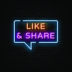 Like and share neon signs vector. Design template neon sign