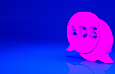Pink Advertising icon isolated on blue background. Concept of marketing and promotion process. Responsive ads. Social media advertising. Minimalism concept. 3d illustration 3D render.