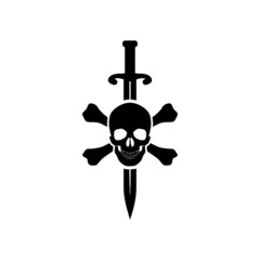 Human skull and sword pirate style sign isolated on white background